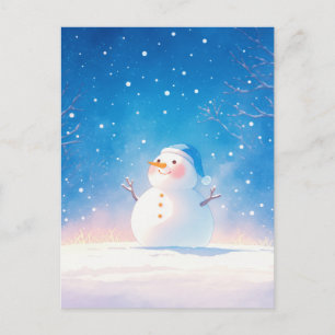 Vrolijke Lachende Sneeuwman in Winter Nacht Briefkaart