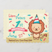 Vrolijke Leeuw Eerste Verjaardag Uitnodiging (Voorkant / Achterkant)