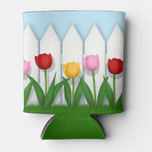 Vrolijke lentetulpen & witte piket hek blikjeskoeler