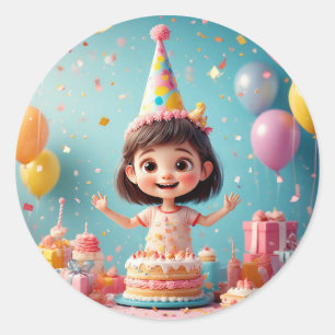 🎉 Vrolijke Meisje Verjaardagstaart Feest Ronde Sticker