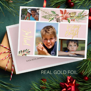 Vrolijke Merry and Bright foto collage goud blush Folie Feestdagenkaart