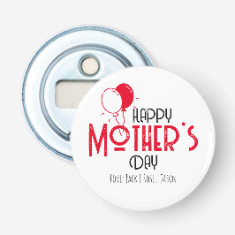 Vrolijke moederdag met rode ballonnen met namen button flesopener
