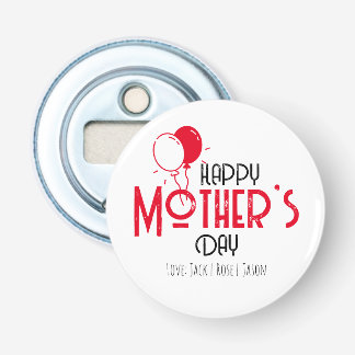 Vrolijke moederdag met rode ballonnen met namen button flesopener