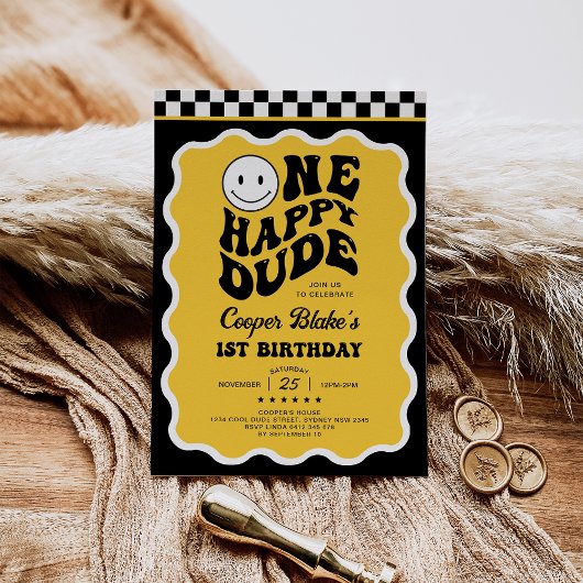 Vrolijke One Happy Dude Boy 1st Birthday Party Kaart
