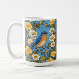 Vrolijke Oosterse Blauwvogel Gele en Witte Bloemen Koffiemok