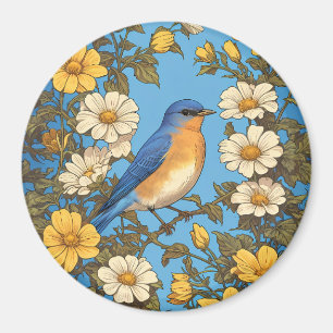 Vrolijke Oosterse Blauwvogel Gele en Witte Bloemen Magneet