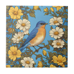 Vrolijke Oosterse Blauwvogel Gele en Witte Bloemen Tegeltje
