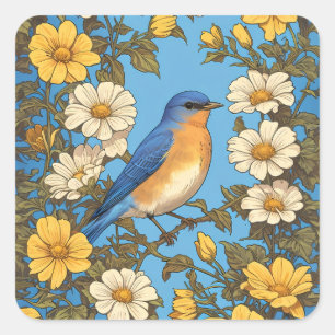 Vrolijke Oosterse Blauwvogel Gele en Witte Bloemen Vierkante Sticker