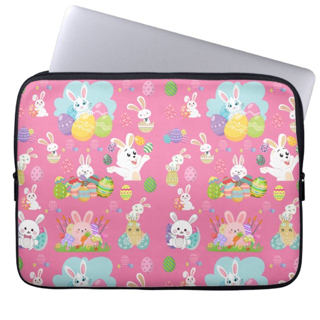 Vrolijke paasdag - Pattern Funny Bunny and Eggs Laptop Sleeve (Voorkant)