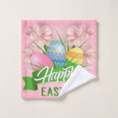 Vrolijke paasroze bloemen en eieren bad handdoek (Wasdoekje)