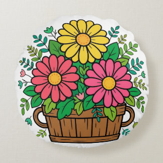 Vrolijke Retro Bloemige Houten Planter Rond Kussen