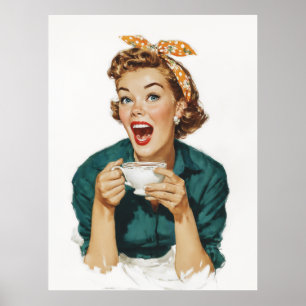 Vrolijke Retro Vrouw Genietend van Koffie Poster