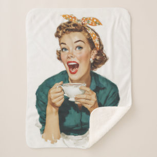 Vrolijke Retro Vrouw Genietend van Koffie Sherpa Deken