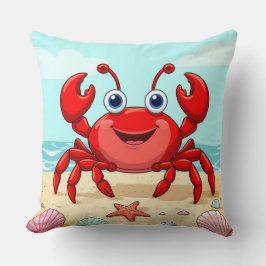 Vrolijke Rode Cartoon Krab op een strand met Seash Kussen