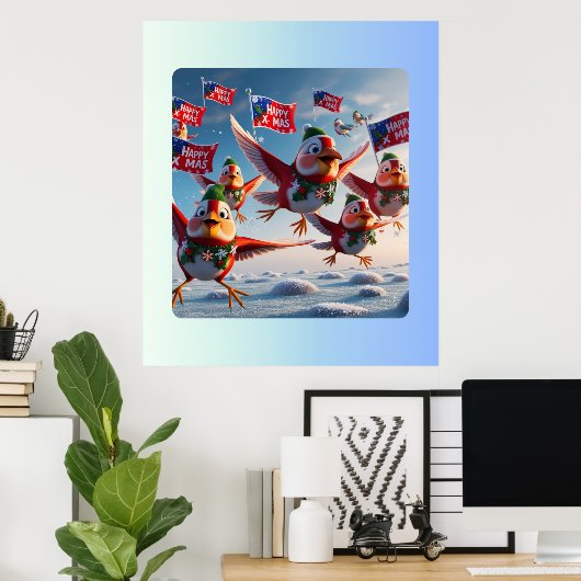 Vrolijke rode Robins verspreiden kerstvreugde Poster (Thuiskantoor)