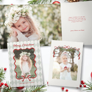 Vrolijke Rode Strik Vrolijk Kerst Foto Drieluik Wenskaart