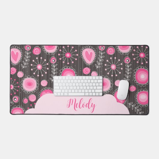 Vrolijke roze grijze harten en bloemen bloemrijke  bureaumat (Keyboard & Muis)