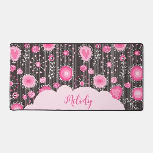 Vrolijke roze grijze harten en bloemen bloemrijke bureaumat (Voorkant)