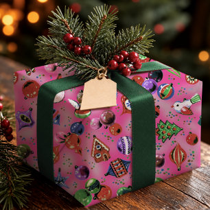 Vrolijke Roze Retro Kerstversieringen Cadeaupapier
