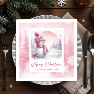 Vrolijke Roze Sneeuwman Winter Bos Kerstmis Servet