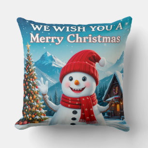 Vrolijke Sneeuwman die een Prettig Kerstfeest Wens Kussen