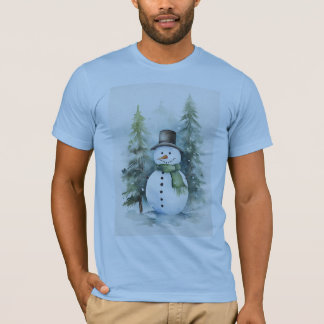 Vrolijke sneeuwman die in een besneeuwde winter st t-shirt