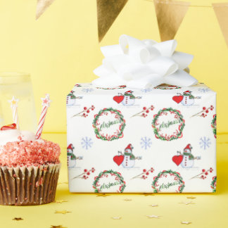 Vrolijke sneeuwman en feestelijke kransen patroon cadeaupapier