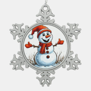 Vrolijke Sneeuwman gekleed in Winterhoed Tin Sneeuwvlok Ornament