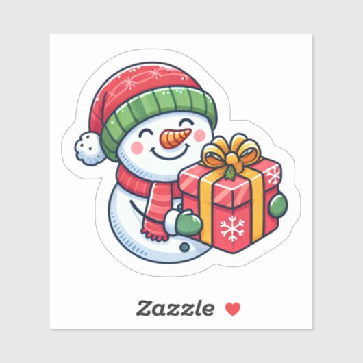 Vrolijke sneeuwman met een kerstcadeau sticker (Vel)