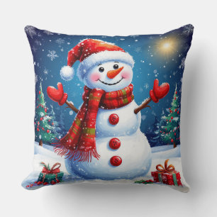 Vrolijke Sneeuwman met een Kerstman Hoed Kussen