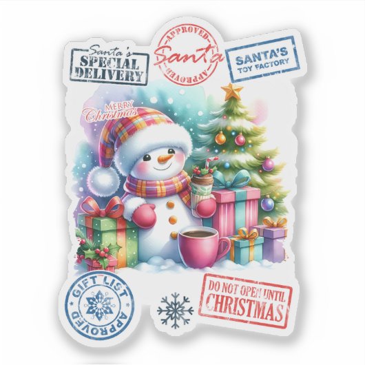 Vrolijke sneeuwman met feestelijke geschenken en f sticker (Voorkant)
