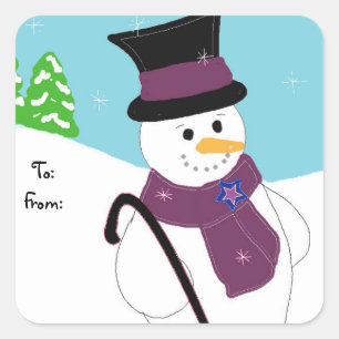 Vrolijke Sneeuwman met Hoed en Stok Vierkante Sticker