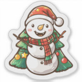 Vrolijke sneeuwman met kerstbomen sticker (Voorkant)
