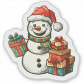 Vrolijke sneeuwman met kerstcadeaus sticker (Voorkant)