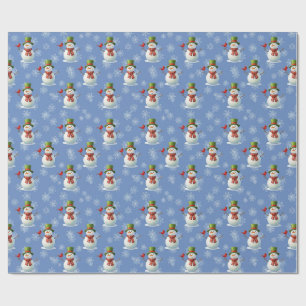 Vrolijke Sneeuwman & Rode Kardinaal Blauwe Winter Cadeaupapier