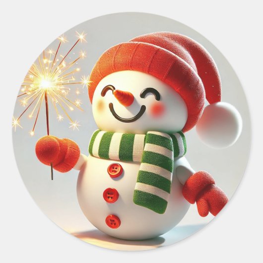 Vrolijke Sneeuwman Ronde Sticker (Voorkant)