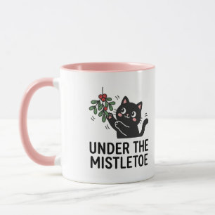 Vrolijke Sneeuwval Schattige Zwarte Kat Mistletoe Mok