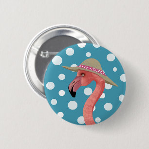 Vrolijke Summer Flamingo Blue Polka Dot Summer pet Ronde Button 5,7 Cm