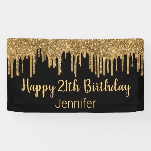 vrolijke verjaardag zwarte gouden druppelaar chic spandoek (Horizontaal)