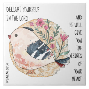 Vrolijke vogel & bloemen, met verzen uit Psalm 37: Tegeltje