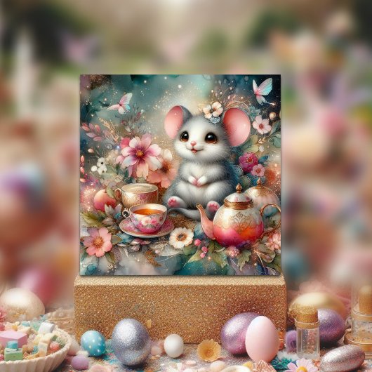 Vrolijke Waterverf Muis Bloemen Pasen Tea Party Feestdagenkaart