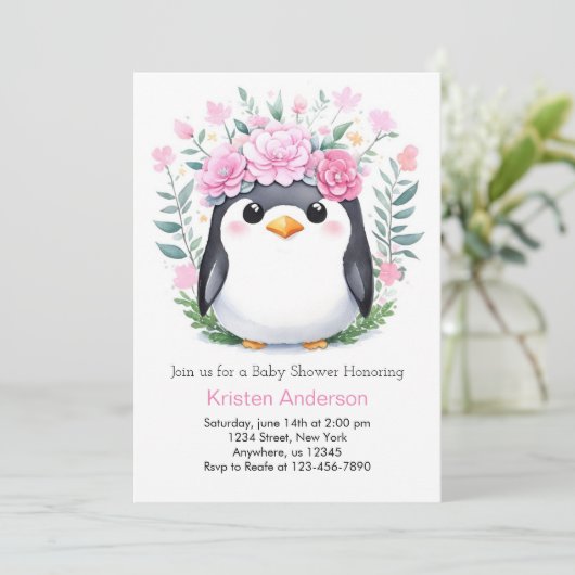 Vrolijke Waterverf Penguin Meisje Baby shower Kaart (Staand voorkant)