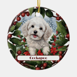 Vrolijke witte Cockapoo Puppy Custom Kerstmis Keramisch Ornament