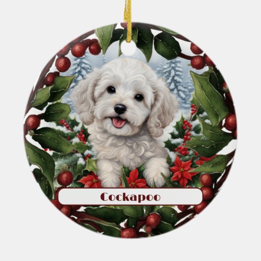 Vrolijke witte Cockapoo Puppy Custom Kerstmis Keramisch Ornament (Achterkant)