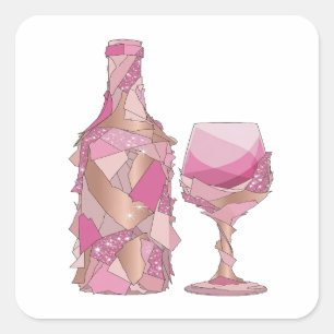 Vrolijke Zilveren ROZE GLAS EN FLES Ambacht Vierkante Sticker