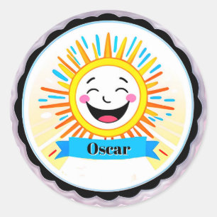 Vrolijke Zon Cartoon Met Lachend Gezicht Ronde Sticker