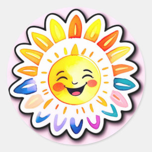 Vrolijke Zon Cartoon Met Lachend Gezicht Ronde Sticker