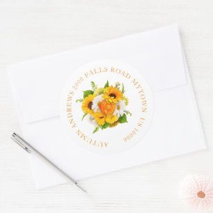 VROLIJKE ZONNEBLOEM BLOEM NAAM EN ADRES RONDE STICKER