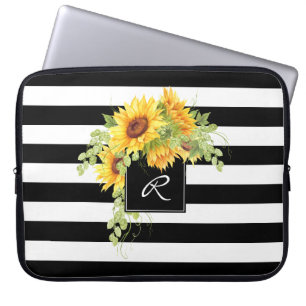 Vrolijke Zonnebloemen en Strepen met Monogram Laptop Sleeve