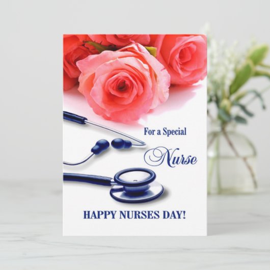 Vrolijke zuster Dag. Rozen en Stethoscoop-Kaart Kaart (Staand voorkant)